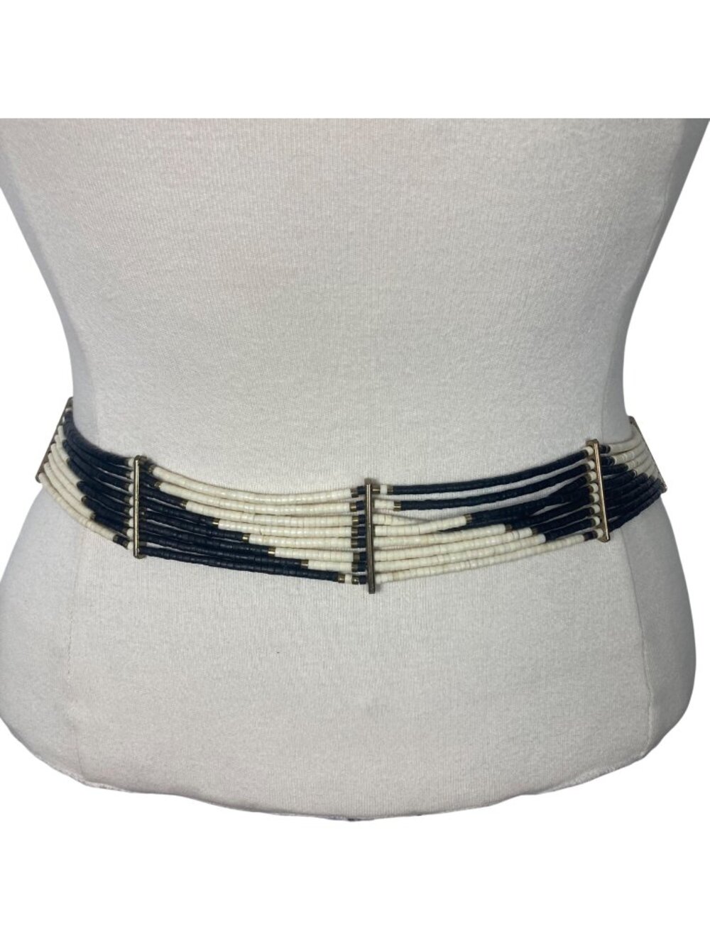 Vintage 80s Black White Beaded Belt Adjustable 30in to 33in Waist Boho Tribal